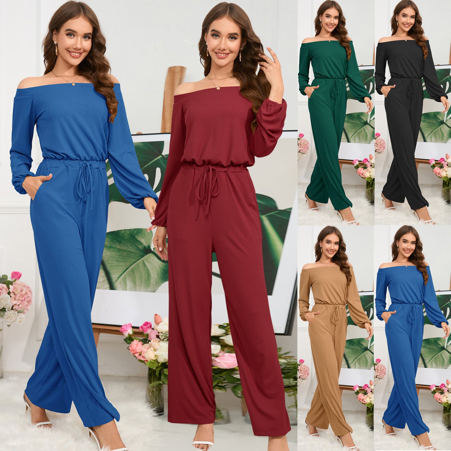Casual Off-shoulder Long Sleeve Waist-slimming Jumpsuit Lace-up Wide-leg Trousers
