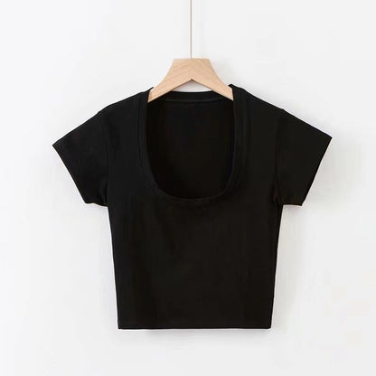 Summer Solid Color Slim-fit Sexy Women's Short Sleeve U-neck T-shirt Basic Korean Style Short Top