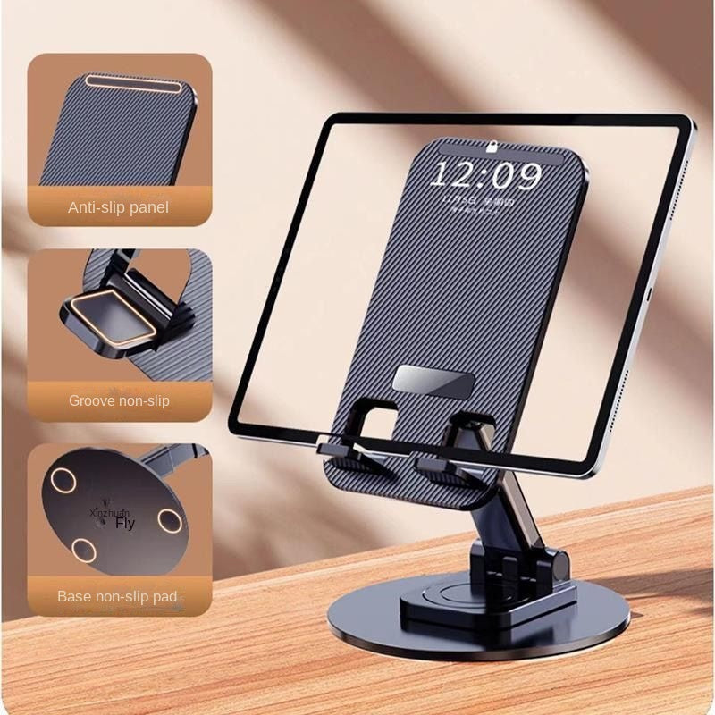 Foldable Phone Stand For Desk - Height Adjustable Cell Phone Holder Portable Cellphone Cradle Desktop Dock Metal Base 360 Degree Rotatable Compatible With Phone Tablet PC