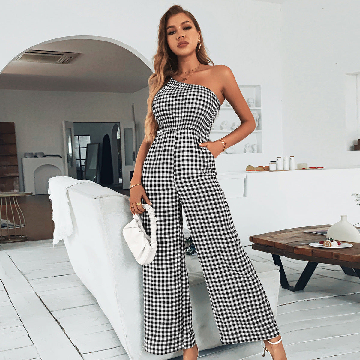 Plaid One-shoulder Top Section Smocking Temperament Polyester Women's Jumpsuit
