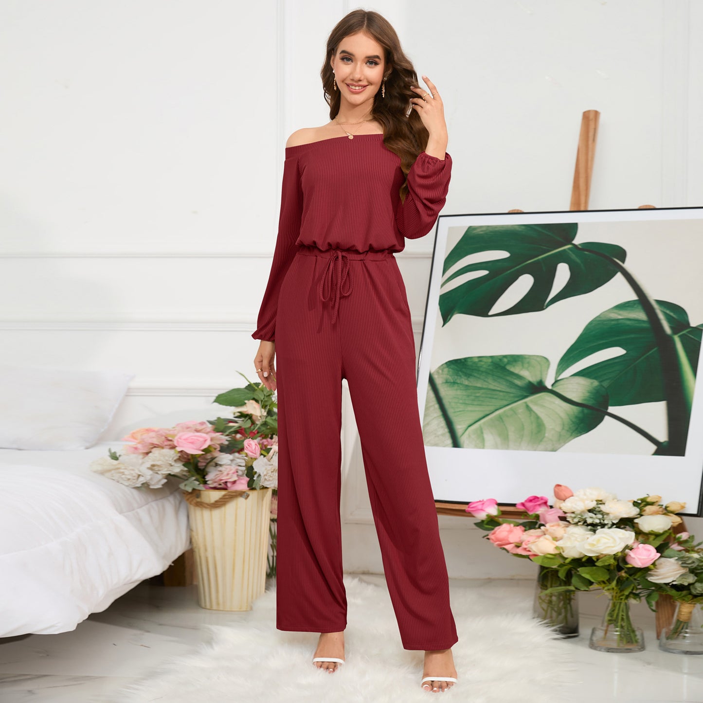 Casual Off-shoulder Long Sleeve Waist-slimming Jumpsuit Lace-up Wide-leg Trousers