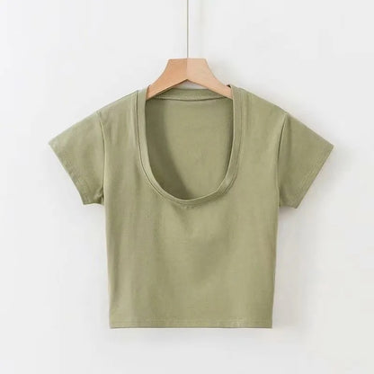 Summer Solid Color Slim-fit Sexy Women's Short Sleeve U-neck T-shirt Basic Korean Style Short Top