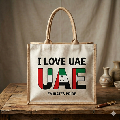 I Love UAE Premium Laminated Jute & 11oz Canvas Tote Bag – Eco-Friendly Large Carryall - The Trendy Fashions
