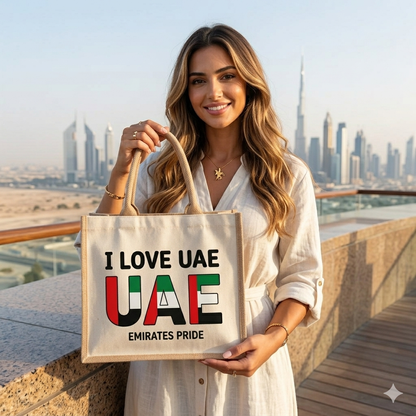 I Love UAE Premium Laminated Jute & 11oz Canvas Tote Bag – Eco-Friendly Large Carryall - The Trendy Fashions