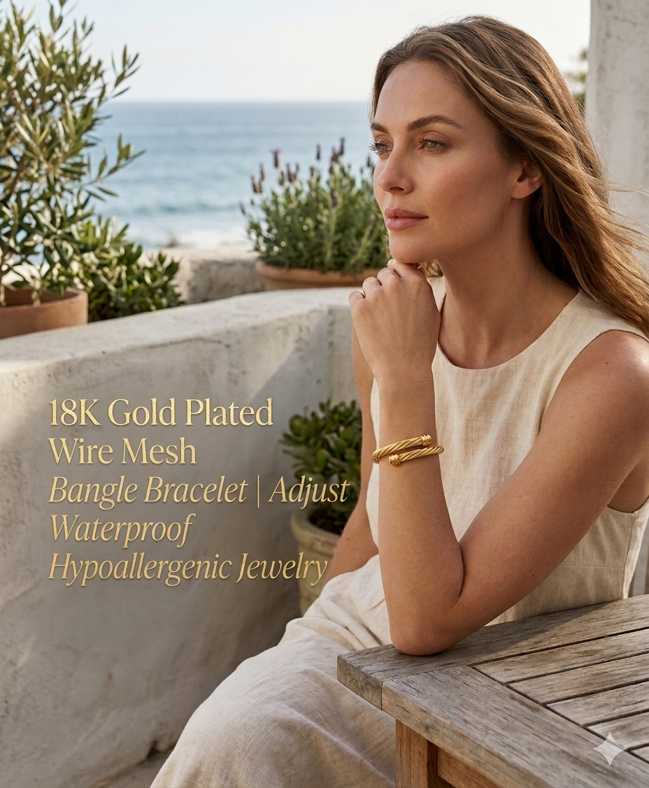 18K Gold Plated Wire Mesh Bangle Bracelet | Adjustable Waterproof Hypoallergenic Jewelry – UAE