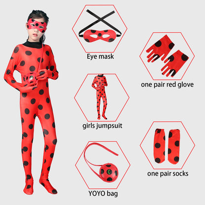 Kids Ladybug Costume Dress Up Cosplay Black Spot Red Jumpsuit 5Pcs Sets For Halloween Carnival Masquerade Fantasy
