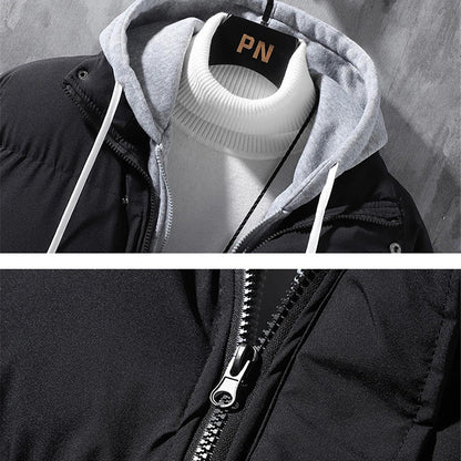 Fashion Hooded Jacket Men Winter Windproof Thickened Fake Two-piece Coat Solid Leisure Sports Cotton Jacket