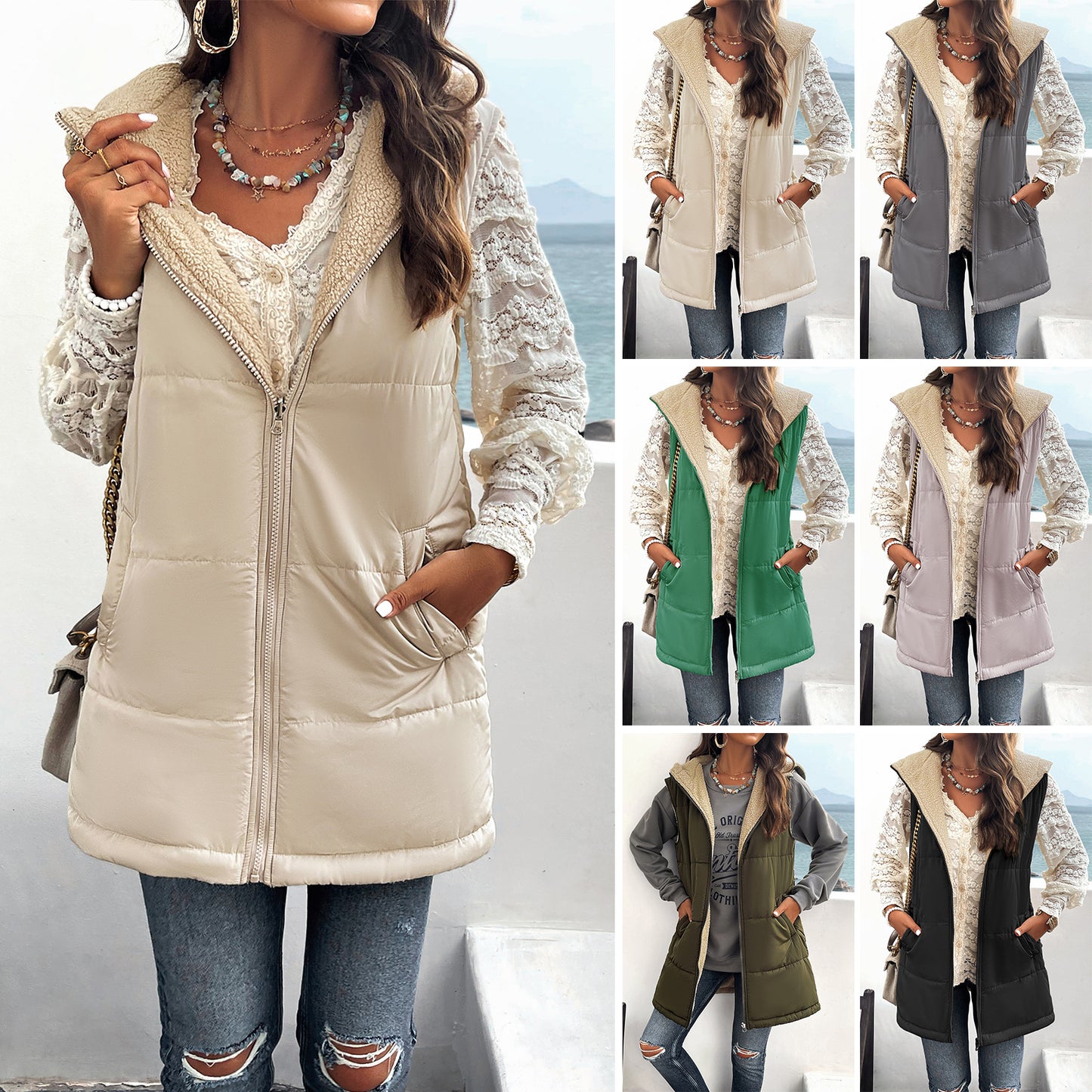 Winter Vest Women Loose Commuting Mid-length Hooded Cotton Jacket With Pockets Fashion Warm Zipper Fluffy Coat Outdoor Clothing