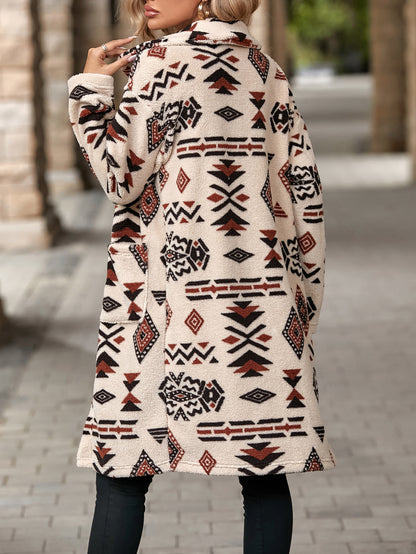 European And American Single-breasted Ethnic Print Plush Long Overcoat Outerwear